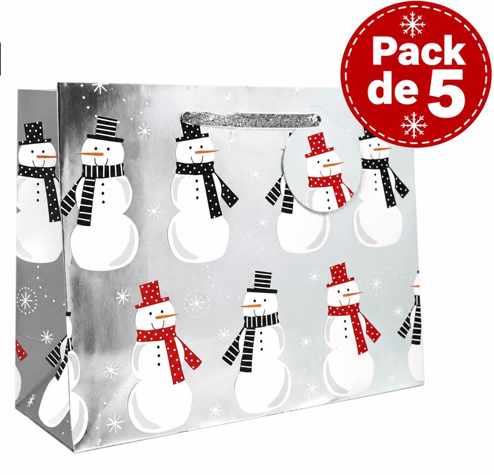 Pack of 5 Snowman Design Gift Bags 10 x 8 Inches Silver Holiday